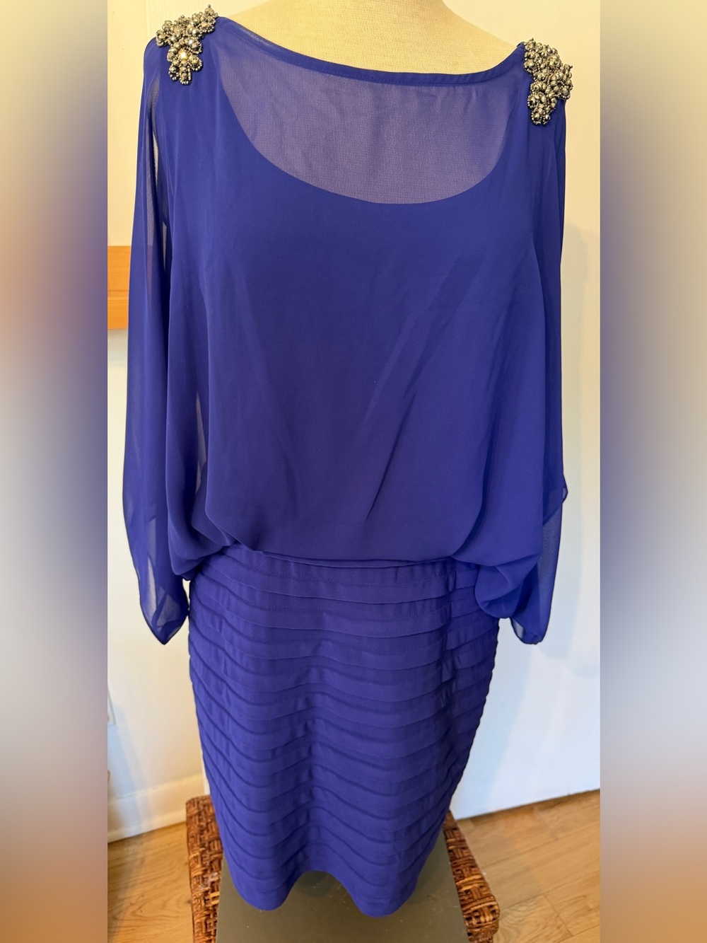 Xscape Royal Purple Formal Dress with Beaded Shoulder Detail,